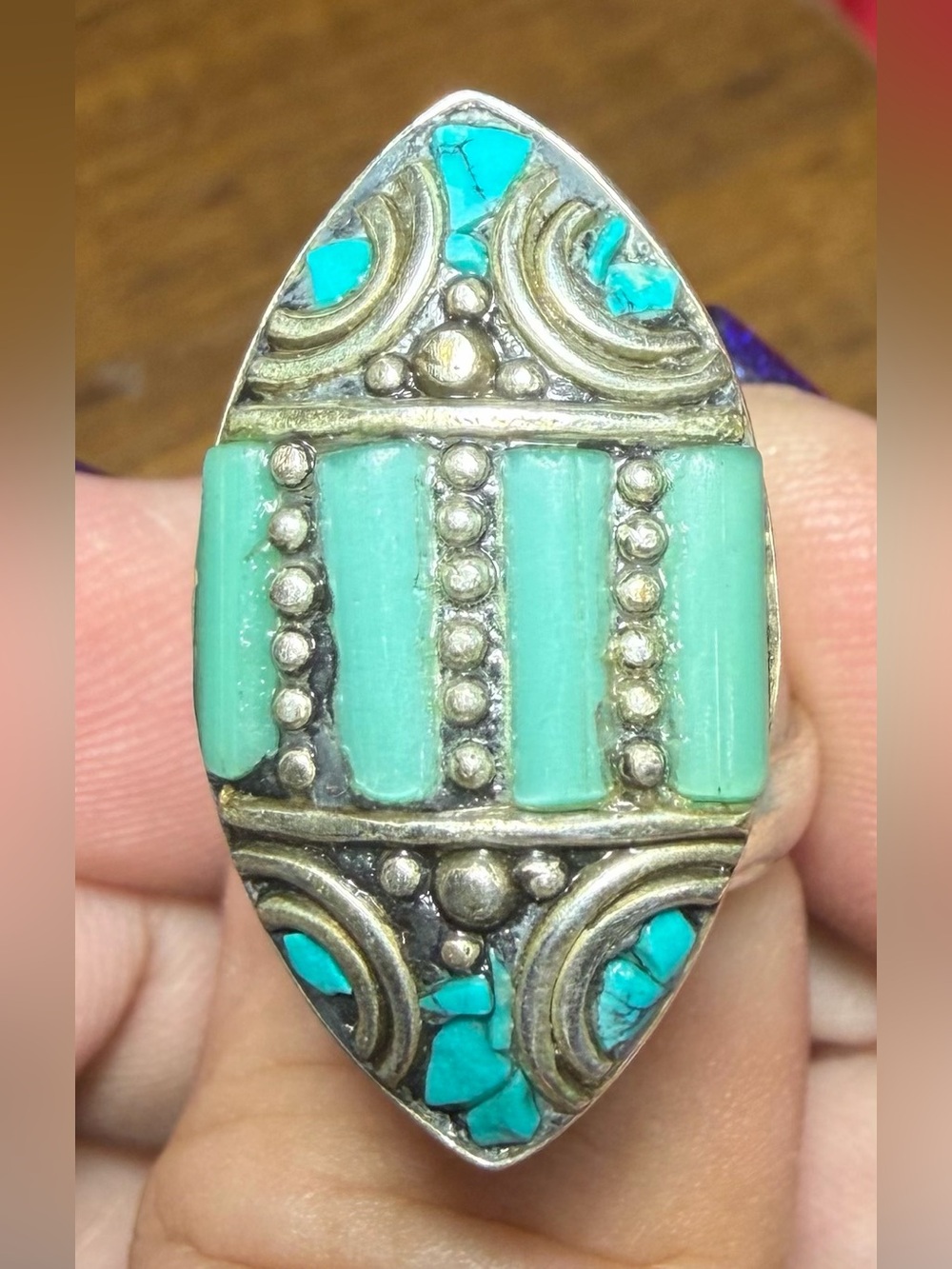 New Adjustable German Silver Turquoise Inlay Statement Ring